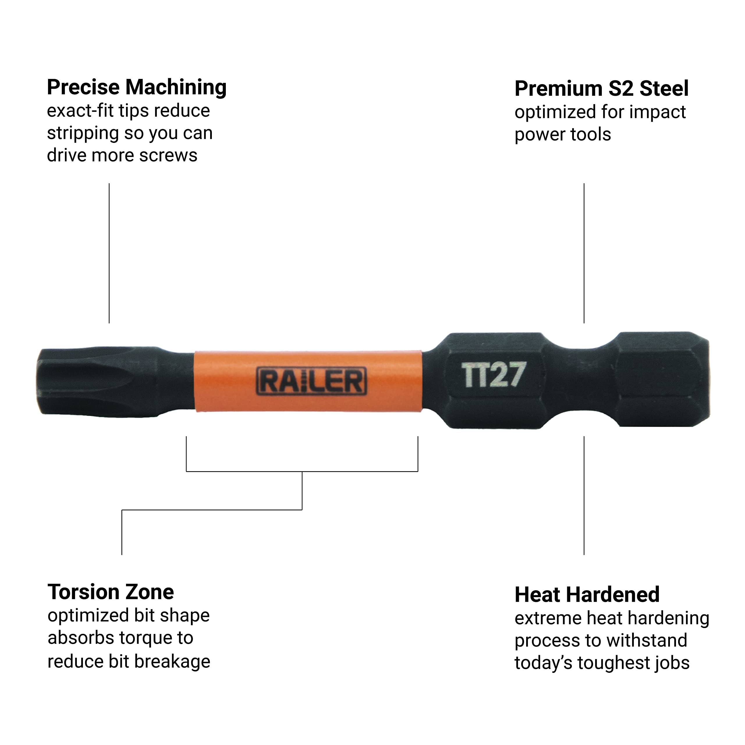 Railer Tamper Proof Torx Bit Set - Premium S2 Steel 2 Inch Impact Driver 10pc 6 Star Security Bit Set With A Magnetizer Bit Holder & Carabiner - Image 3